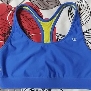Blue with neon yellow inside champion sports bra